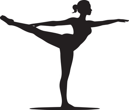 Silhouette of a woman in ballet pose, graceful dancer performing an arabesque on tiptoes.