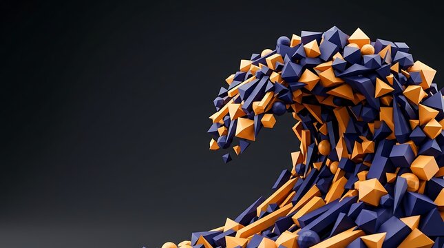 Abstract cresting wave composed of orange and blue geometric shapes