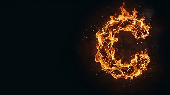 Burning letter c with glowing orange flames and flying sparks
