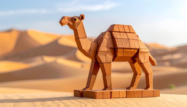 Tan brick camel sculpture with geometric design and warm tones, symbolizing creativity, modular art, and playful desert inspiration.