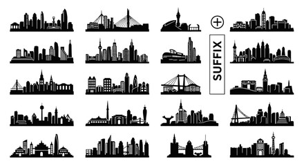 Obraz premium Collection of black and white city skyline silhouettes with icons and symbols