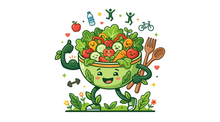 Fototapeta premium Strong healthy salad bowl mascot with vegetables and active icons