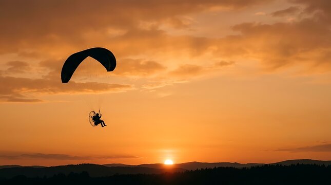 Silhouette of a paramotor pilot flying against a golden sunset sky