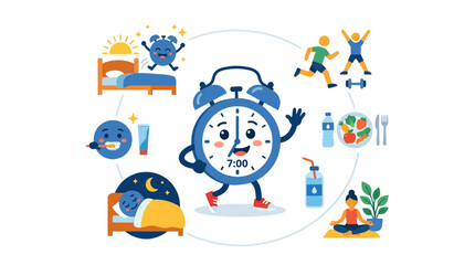 Naklejka premium Healthy daily routine concept with alarm clock character