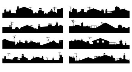 Obraz premium Collection of black silhouette house shapes with rooftop elements on white background