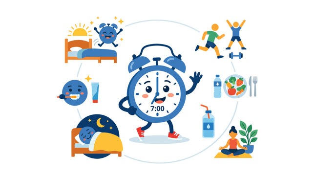 Healthy daily routine concept with alarm clock character