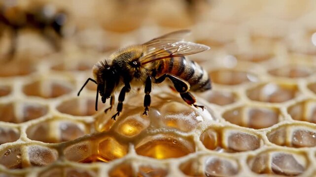 Close-up macro photography of a honey bee working on a wax honeycomb frame filled with fresh golden organic honey in an apiary