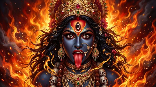 Diwali goddess kali maa digital art portrait with flaming background
