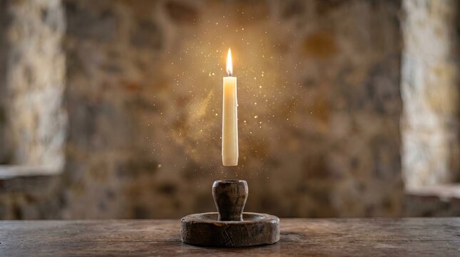 Single lit candle floating over rustic wooden table with sparkling light particles around.