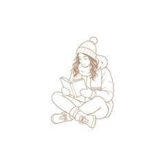 Obraz premium Young Woman Reading Book in Winter Clothing – Cozy Reading and Learning Line Art Illustration