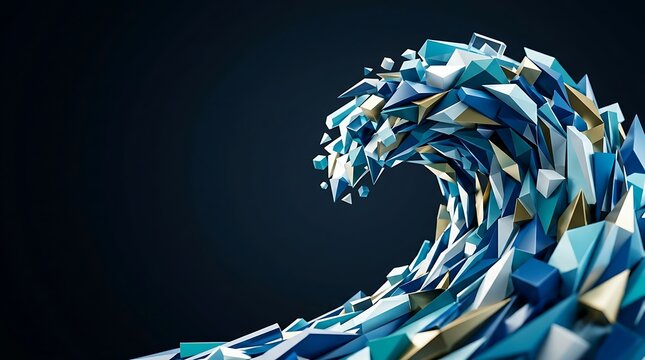 Abstract blue and gold geometric wave breaking on dark backdrop
