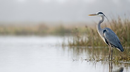 Obraz premium Majestic grey heron standing by the water in misty morning light