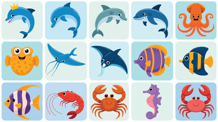 Obraz premium Charming collection of 16 cartoon sea animals including dolphins, octopus, crab and fish icons