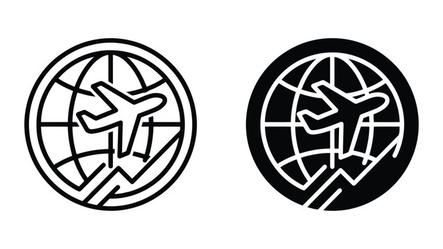 Airplane flying around globe with arrow sign icon set representing global flight paths international travel and logistics transportation services for modern business communication design