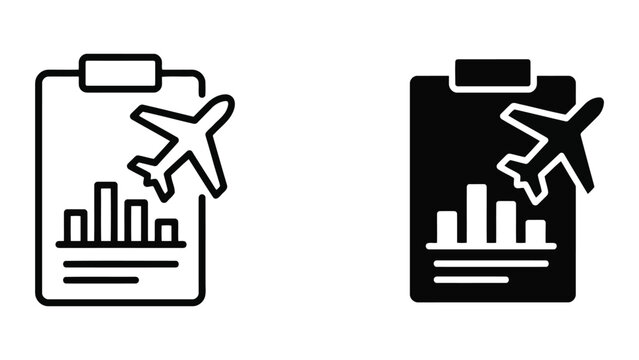 Business clipboard with airplane and bar graph icon set representing flight logistics travel statistics and aviation data analysis for corporate reporting and travel agency management tools