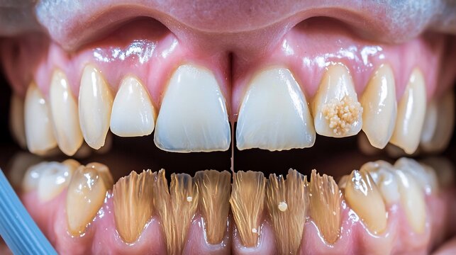 Extreme close-up of human teeth showing severe decay, brown tartar accumulation, and eroded enamel on lower teeth