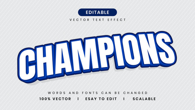 Editable blue champion 3D text effect template with bold sports typography and vector lettering style