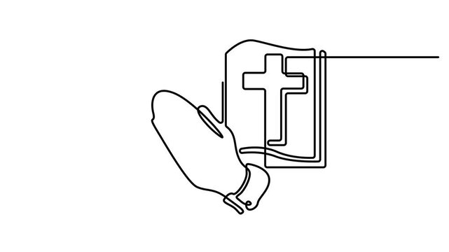 Animated self drawing of Continuous single line drawing of hands praying over an open bible with a cross symbol representing faith religion and spirituality. Full length one line animation. 4K video