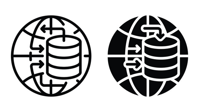 Global database management and information flow icon set featuring server storage unit with circular data transfer arrows on world globe for international cloud infrastructure