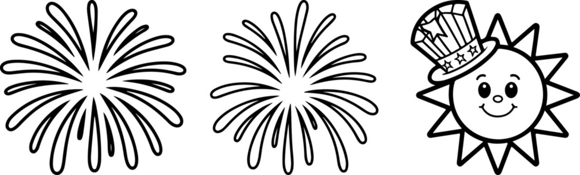 Fireworks doodle and cute sun character wearing uncle sam hat vector icons