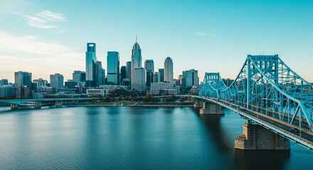 Fototapeta premium Aerial view of a city skyline with a large blue bridge over a river and skyscrapers