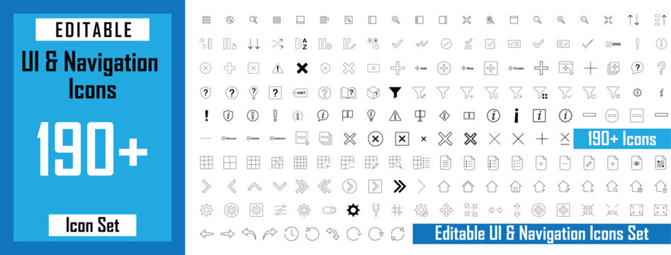 190 editable UI and navigation icons set pack vector illustration, thin line icon grid template for mobile app interface website development menu buttons UX design