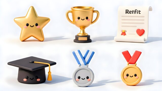 motivational 3d clay reward elements featuring a happy golden trophy cup and silver medal