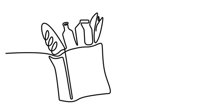 Animated self drawing of Continuous single line drawing of a grocery paper bag filled with bread and bottles of milk for food shopping. Full length one line animation. 4K video