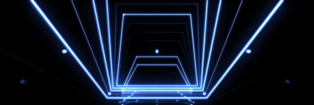 Futuristic Glowing Blue Square Tunnel VJ Loop, Ultra Wide Stage Background for LED Screen