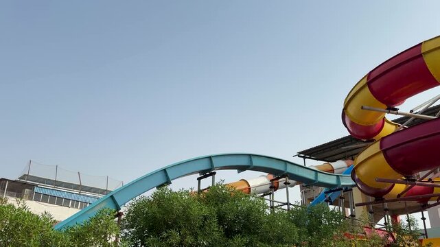 colorful aquatic park infrastructure showcasing spiral waterslide network