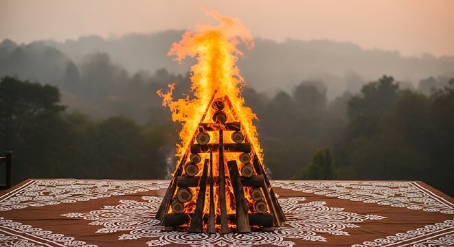 A large bonfire blazes on a patterned surface, with a hazy forest background