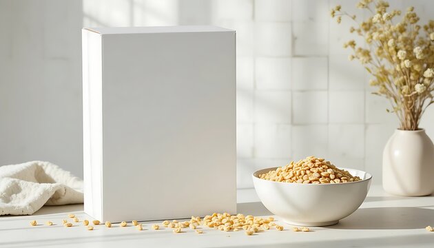 Blank product box mockup with a bowl of cereal on a kitchen counter in the morning sun. blank cereal box