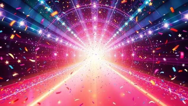 Vibrant neon tunnel illuminated with glowing stars and falling confetti for festive celebration background and digital event backdrop design presentation
