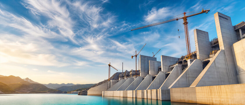 Modern concrete dam construction site with cranes, hydroelectric power plant infrastructure, water reservoir and engineering architecture under blue sky