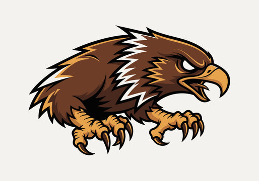 A fierce, stylized eagle head and talons illustration in bold, graphic design, showcasing sharp claws, dynamic motion, and brown/gold accents