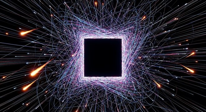 A luminous black square center with radiating, colorful, flowing lines against a dark background