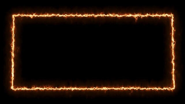 Fiery glowing rectangle frame on black background, burning orange fire border animation, cinematic electric spark light effect for video overlay