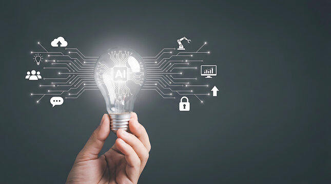 Artificial Intelligence Concept Light Bulb with Digital Circuitry and Smart Technology Icons