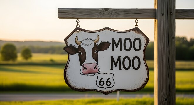 Moo Moo vintage cow route 66 signboard standing on beautiful countryside meadow