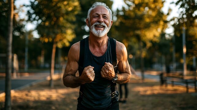 Sportlicher Senior zeigt Fitness und St&auml;rke beim Outdoor Training