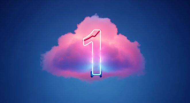 A neon number "1" floats within a fluffy, pink cloud against a deep blue sky backdrop