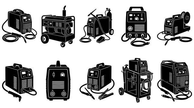 Industrial Welding Machine Vector Icon Set Featuring Professional Arc Welders and Equipment