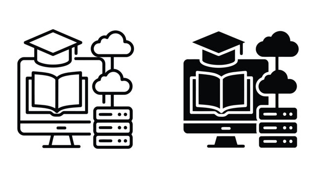 Set of online education icons featuring computer screen with open book and graduation cap connected to cloud server storage for digital learning and e-learning platform concepts in flat vector style