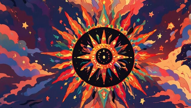 Vibrant abstract mandala sunburst design featuring colorful radiating rays and celestial star elements in a psychedelic artistic illustration style
