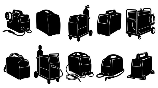 Welding Machine Silhouette Vector Collection Set Featuring Industrial Metalwork Equipment and Construction Tools