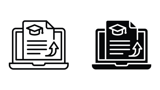 Digital document upload icon for online education portal featuring graduation cap and file icon with arrow showing submission of academic assignments or digital homework in clean vector style
