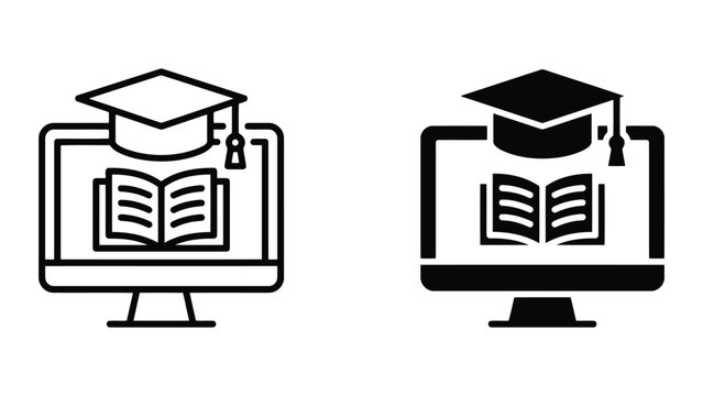 Virtual classroom computer icon set with graduation cap and textbook symbols for online academic courses and digital schooling concepts in professional linear and solid black vector graphic style