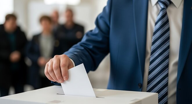 A person in a suit casting a ballot into a voting box, with others blurred in the background