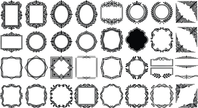 Collection of ornate black silhouette frames on white background for graphic design projects