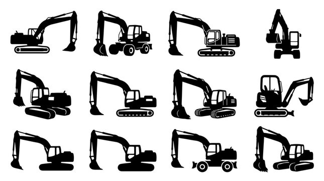 Excavator Construction Machinery Silhouette Collection Set Featuring Various Heavy Equipment Vehicle Poses